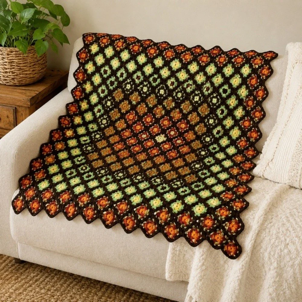 Vintage Crochet Granny‎ Square Throw Blanket 48x55 Handmade Boho Decor
